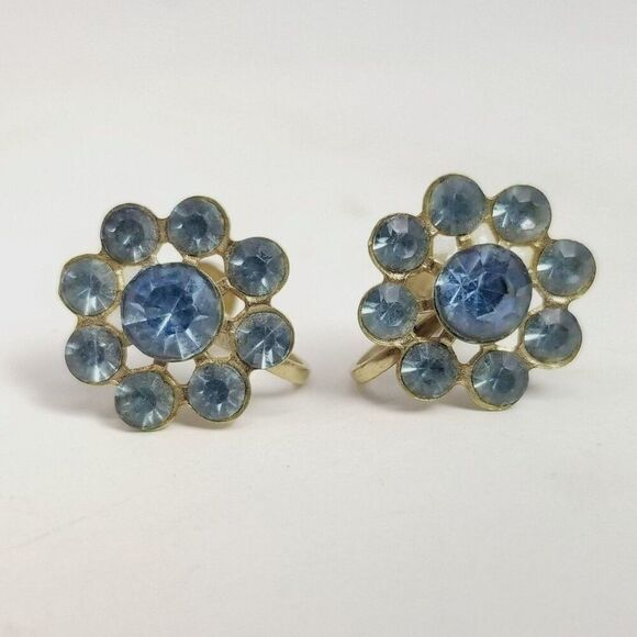 Vintage Light Blue Rhinestone Cluster Clip On Earrings, Screw Back, Estate - Picture 5 of 6